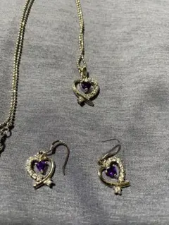 アメジスト　ハートモチーフ ネックレス ピアス セット パープル