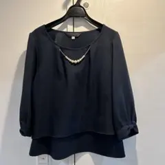 ネイビー　七分袖　パール　トップス　ブラウス