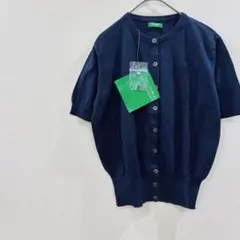 a932 新品 ベネトン 半袖カーディガン ネイビー S 綿100% イタリア製