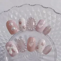 オーダー◇ネイルチップ くすみピンク 淡色 フレンチガーリー 量産型 花 ハート