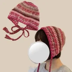 【一点物】 ハンドメイド ボンネット バラクラバ ニット帽 ピンク 赤