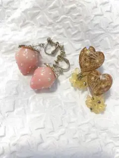 ハンドメイド イヤリング2点セット売り いちご パール オレンジ kawaii