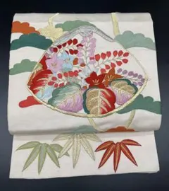 高級　正絹　洒落帯　名古屋帯　アンティーク　刺繍　花柄　草花　397