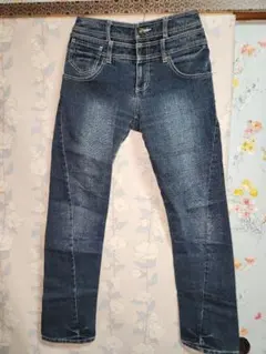 ハイウエスト ダークブルー スキニー ストレートデニムパンツ