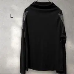 ブラック　長袖トップス 【L】ラインストーン　シアー切替　薄手　肩チラ見せ　黒