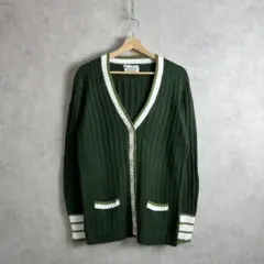 60s 70s USA古着 深緑色 ニットカーディガン ライン vintage