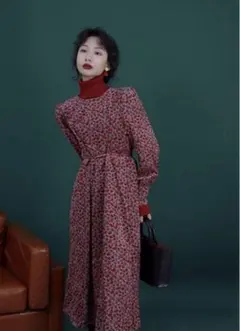 ヴィンテージ花柄コーデュロイワンピース　古着ロングワンピース