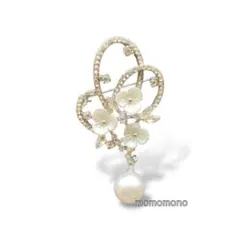 ドリルブローチ　花　シルバー　揺れる大粒パール　ハレの日　母の日　簡易ラッピング