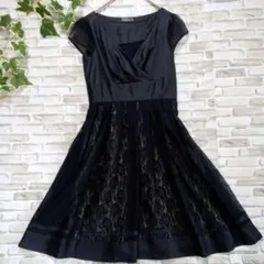 ru　ワンピース　ドレス　半袖　ひざ丈　ブラック　レース　Ⅿ　日本製