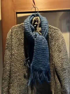 オシャレ！！ブルー ハンドメイド　ニットマフラー フリンジ付き　ユニセックス