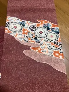 名古屋帯 赤紫色 花柄刺繍