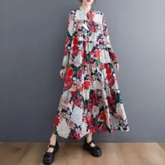 モード　個性派　総柄　花柄　ボタニカル　ワンピース　ティアード　シャツワンピ　赤