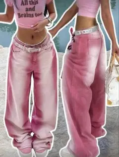 ピンク グラデーション ワイドレッグ デニムパンツ