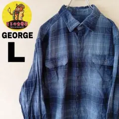 USA古着 GEORGE　ネルシャツL　ブルーネイビー　オンブレチェック
