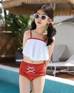 チェック柄ジュニアビキニ水着　セパレート水着　キッズ水着　水遊び　プール　温泉