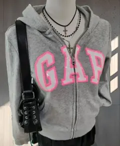 Y2K 00s GAP ジップパーカー グレー ピンクロゴ 人気色 美品