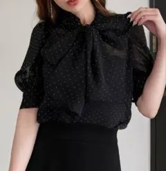 ROYAL PARTY キラキラリボン半袖ブラウス ブラック