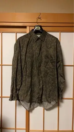 ペイズリー柄 総柄シャツ 長袖 オリーブグリーン ダークトーン L 古着 レトロ