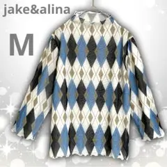 新品　メロウ　ボトルネック　ダブル メッシュ　トップス　アーガイル柄　ブルー　Ｍ