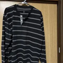 黒と白のストライプ ヘンリーネック XL