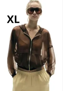 【新品未使用】ZARA シアー フーデッド ブルゾン ブラウン XLのサムネイル