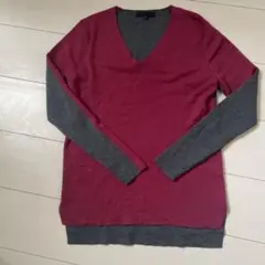 ワインレッド グレー Vネック ニット S
