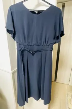 ネイビー 半袖 Vネック ワンピース ベルト付き