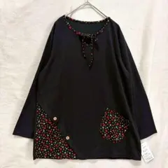 極美品 チュニック ドット 切替 長袖 体型カバー ゆったり 黒 M-L タグ付のサムネイル