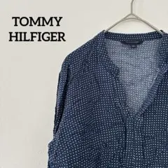 TOMMY HILFIGER【S】ドット柄長袖シャツ スキッパー 紺 カジュアルのサムネイル