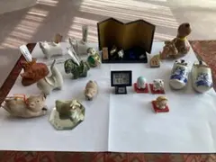 日本の陶器製動物置物セット 手のひらサイズ　開運