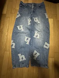 HTHユニーク刺繍デニムパンツ　ライトブルー