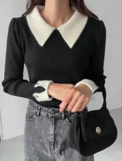 SHEIN 長袖ニット　襟付き　ブラック