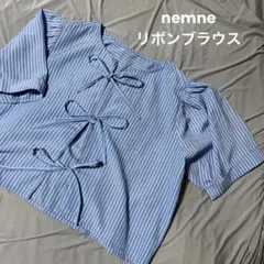 nemne リボンブラウス ストライプ ブルー