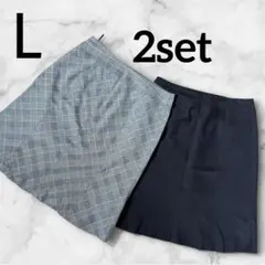 【美品】　膝丈スカート　L チェック　グレー　オフィス　ビジネス　2点セット