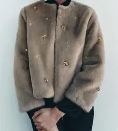 ザラ ショート フォックスファー ジャケット S ゴールドフラワー