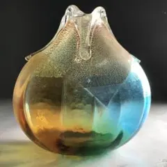 津軽びいどろ 秋村実？ ガラス花瓶 三彩 金彩 気泡 青森県伝統工芸品