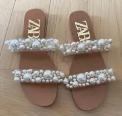 【ユーズド】ZARA パール装飾 フラットサンダル 36