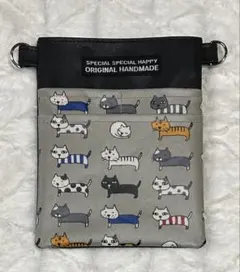 ナースポーチオーガナイザー（ハンドメイド） 合皮黒&ラミネート（猫柄グレー）