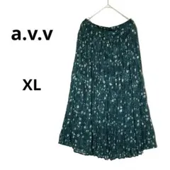 アー・ヴェ・ヴェ プリーツスカート 花柄 XL ダークグリーン 大きいサイズ