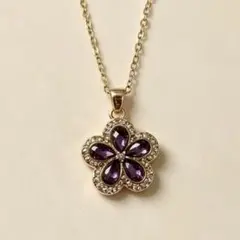 CZ アメジスト風　ネックレス　フラワー　花　ゴールド　パープル　キラキラ