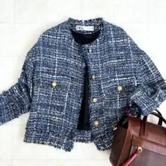 【美品】ZARAザラ ブルーツイードノーカラージャケット　ゴールドボタンxs