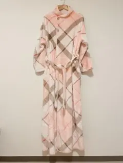 Groony 着る毛布　ピンク チェック柄 フリース ロングルームウェア