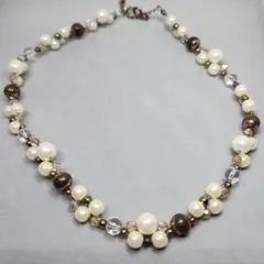 パールビーズネックレス ホワイトブラウン ハンドメイド　新品