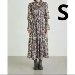 リエンダ グレイズフラワーギャザーフレアワンピース 柄ベージュ S 量産 春