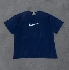 90s ナイキ ネイビー ブルー Tシャツ センタースウッシュ 弱フェードL 