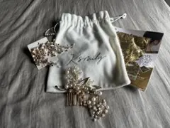 結婚式 ヘアアクセサリー セット パール ゴールド 髪飾り ピアス 金箔付き