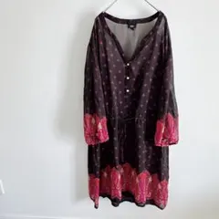 黒赤 プリントワンピース M L ペイズリー シフォンワンピ レトロ