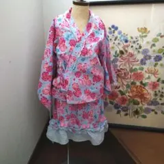 中古美品 花柄浴衣ドレス 130サイズ 花柄 水色