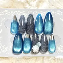 現品 ブルー系 フラッシュラメ マグネット 薔薇 ネイルチップセット