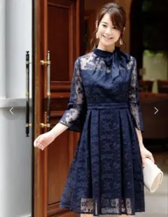 クチュールレースリボンワンピースドレス 結婚式 披露宴 ネイビー お呼ばれ